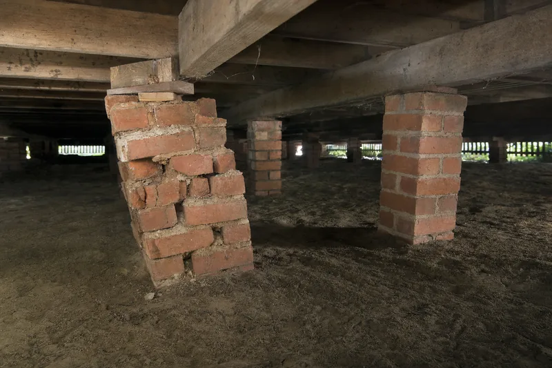 Two brick piers under a timber floor, one crumbling and leaning beneath a timber-packed bearer — restumping, Sydney. Illustrative example.