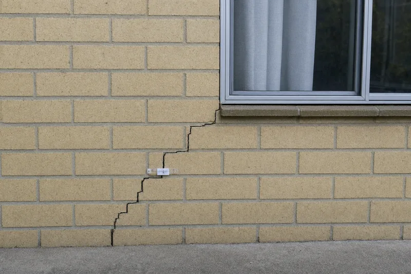 A stair-step crack through cream brickwork below a window, with a small crack gauge fixed across it — wall crack repair, Sydney. Illustrative example.