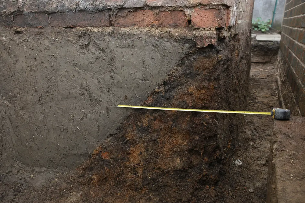An excavation face where a smooth grey soil meets a rust-coloured soil along a diagonal line, with a tape measure across it — underpinning, Sydney. Illustrative example.