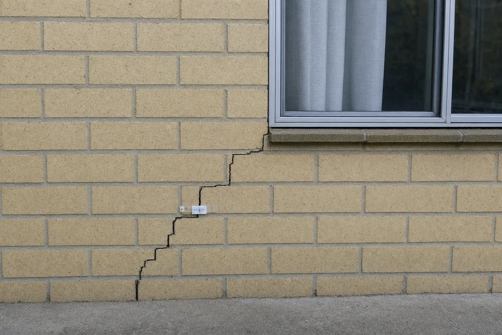 A stair-step crack through cream brickwork below a window, with a small crack gauge fixed across it — wall crack repair, Sydney. Illustrative example.